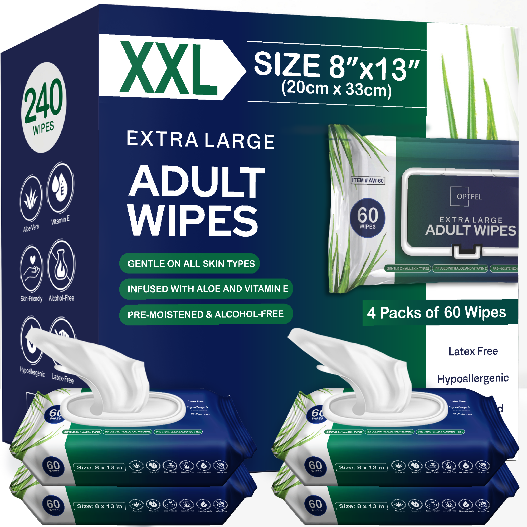 Opteel Adult Wipes 8"x13" 240Ct (4 packs of 60) Adult Wash Cloths, Adult Wipes for Incontinence & Cleansing,